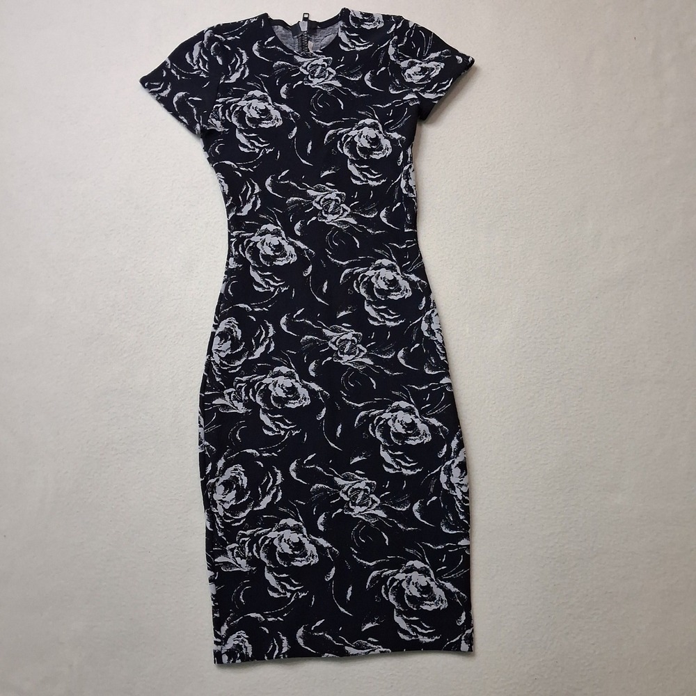 Nadia Tarr Black White Rose Floral Bodycon Pencil Midi Dress Full Back Zip Sz‎ M